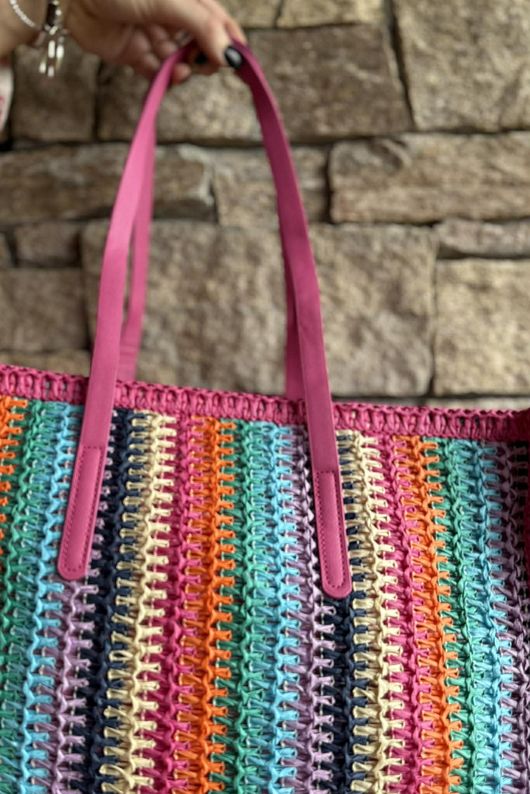 Kondi Rainbow Raffia Tote Bag Pink